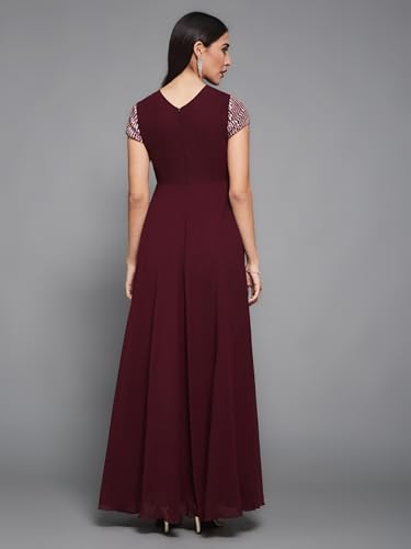 Image of Miss Chase Women's Round Neck Sleeve Embellished Fit Flare Maxi Dress