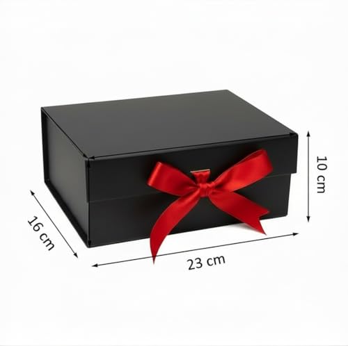 Image of Awestuffs Premium Black Gift Boxes with Red Ribbon, Decorative Gift Packaging Boxes (23 x 16 x 10 cm) for Hampers, Return Gifts, Weddings, Birthdays & Corporate Gifts (Pack of 6)