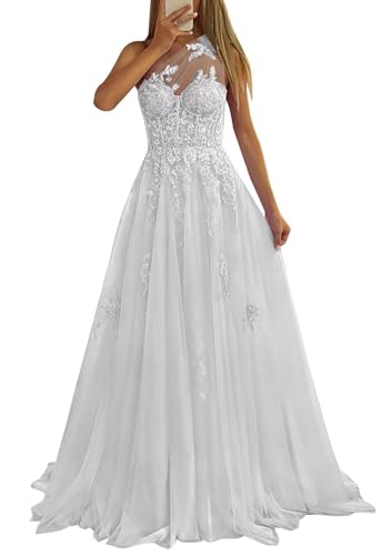 Beyonddress Frauen Eine Schulter Tüll Abendkleider Lange Ballkleid Spitze Applikation Korsett Formalle Kleider(Weiß,40)