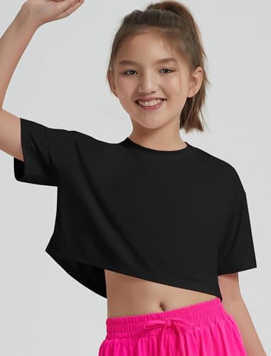 Image of EXARUS Girls Athletic Shirts Quick Dry Workout Split Back Crop Tops 6-14Y | Tween Athletic Sports Soccer Activewear Gym Running Dri Fit Teen Tennis Performance Hiking Short Sleeve Tees Kids 6-14Y