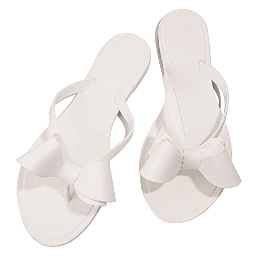 Image of TYFLOVE Women Rivet Flip Flops Studded Jelly Thong Sandals with Bow Summer Bowtie Flat Beach Rain Shoes