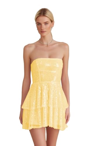 Strapless Homecoming Dresses for Teens Short Sparkly Sequin Tiered Prom Dress Ruffle Cocktail Party Gown for Women