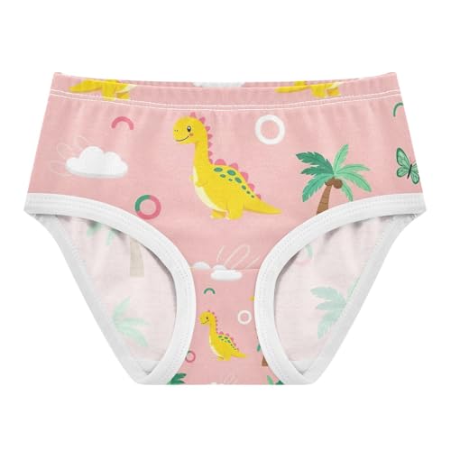 Girls Panties, Cute Yellow Dinosaurs Pink Toddler Girl Panties, Cotton Underwear for Girls, 2T–8 Years