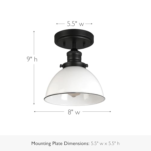 Image of Design House Savannah Rustic Farmhouse Ceiling Light, Semi-Flush Mount, Dimmable, White Metal Shade, Matte Black, 8 in x 8 in x 9 in, 588319