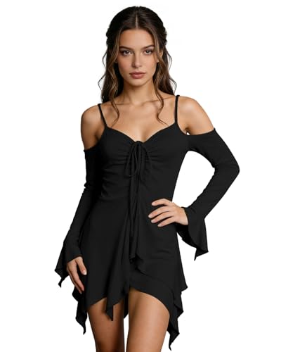 Joukavor Womens Renaissance Fairy Dress Short Medieval Fairycore Handkerchief Dress for Ren Faire Halloween (Black Small)