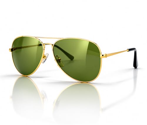 Aviator Sunglasses with Gold Metal Frame, Green Lenses, Classic P...