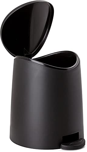Image of Superio Small Plastic Bathroom Trash Can with Lid 3 Liter Modern Curved Step On Trash Can with Foot Pedal, Mini Kitchen Waste Bin, Durable and Soft Close for Bedroom, Office, Under Desk (Black-Set)