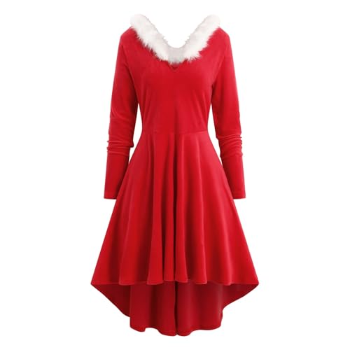 Weihnachtskleid Damen Elegant, Kleid Weihnachten Damen Langarm, Mit Plüsch V-Ausschnitt Weihnachts Kleider Weihnachtsmotiv Partykleid Miss Santa...