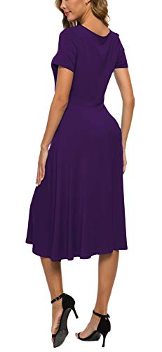 Image of EXCHIC Women's Casual Round Neck Short Sleeve Midi Dress Solid Stretchy Waist Knee Long Dress