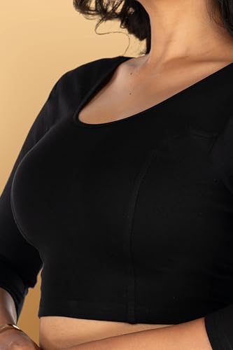 Image of Abhi Cotton Readymade Saree Blouse for Women- 3 /4 Sleeve, Round Neck, Regular-fit, Stretchable, Pull-on Style