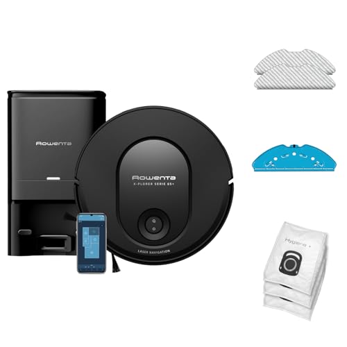 Rowenta X-Plorer Serie 65+ Aspirateur Robot Laveur, Technologie Laser, Station vidage Automatique, Design Ultra Fin RR8L85WH, Noir