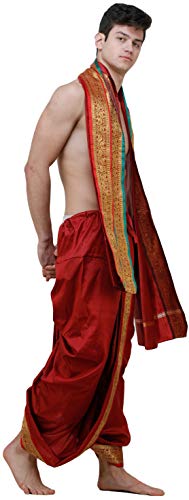 Ready to Wear Dhoti and Angavastram Set with Woven Golden Leaves Border3
