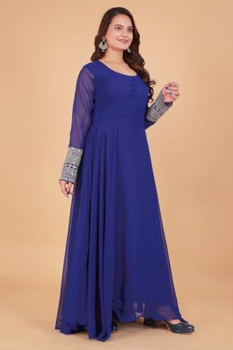Image of ROYALICA Women's Georgette Gown Set with Solid Pattern Floor Length Round Neck Fit & Flare Full Sleeves Gown Pant and Embroidery Work Dupatta | Anarkali Gown Set for Women