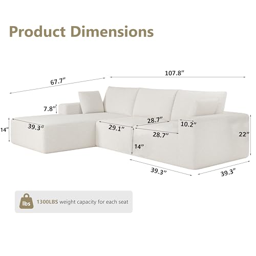 Image of Modular Sectional Sofa Couches L-Shape Couch 3 Seat Modular Sofa Memory Foam Sectional Couches for Living Room (Cloud White, 108 inch+Left Chaise)