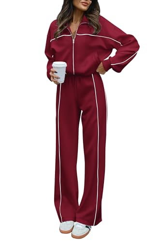 BTFBM Womens Two Piece Tracksuit Spring 2026 Long Sleeve Zip Up Sweatshirt Long Pants Outfits Jogger Sweatsuit Sets(Solid Brick Red Small)