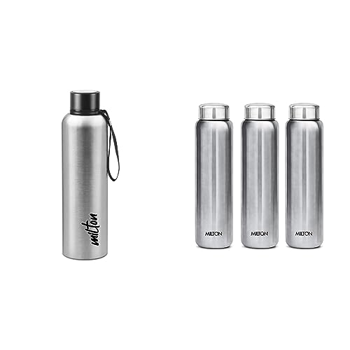 Image of Milton Aura 1000 Thermosteel Bottle, 1.05 Litre, Silver & Milton Aqua 1000 Water Bottle, 950 ml Each, Set of 3, Silver