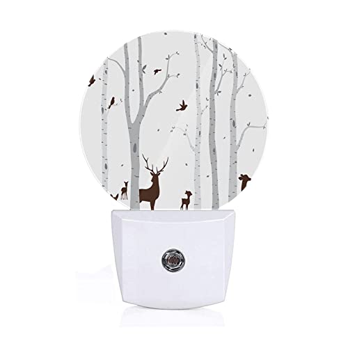 Image of Axayaz Birch Tree Deer Dusk to Dawn Round Night Light Winter Birds Animal Silhouette Auto Sensor Lamp Home Indoor Stairway Kitchen Corridor
