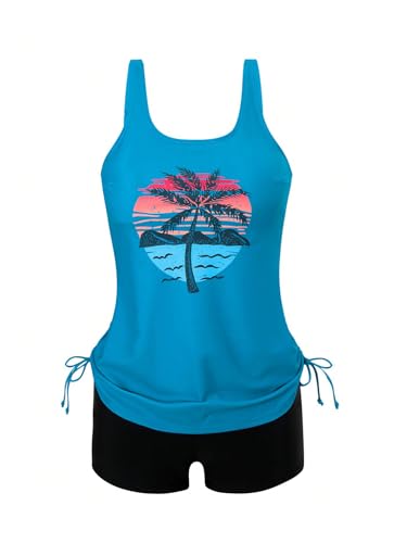 SweatyRocks Women's Tropical Print Tankini Swimsuit Drawstring Swim Top with Boyshorts Beachwear3