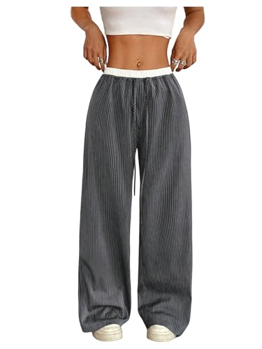 SOLY HUX Women's Striped Wide Leg Pants Drawstring Elastic Waist Baggy Long Pants Trousers