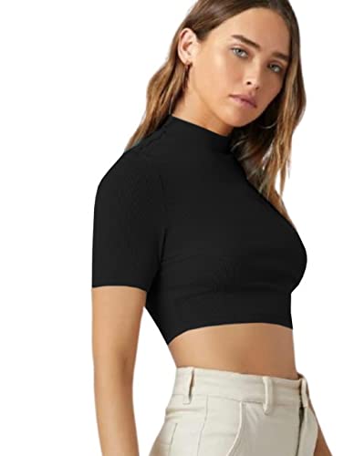Image of Dream Beauty Fashion Women's Combo Casual High Neck Short Sleeves Stylish Crop Top - Pack of 2-17 inch inches