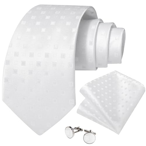Image of DiBanGu Striped Tie Set for Men Silk Woven Plaid Necktie and Pocket Square Cufflinks Business Wedding