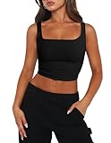 Zeagoo Womens Cropped Tank Tops 2025 Summer Square Neck Double Layer Slim Fitted Y2k Crop Top Black