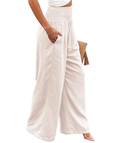 Women Linen Pants Elastic High Waist Wide Leg Palazzo Lounge Pants Casual Loose Beach Pants With Pockets (M, White) #TOP4