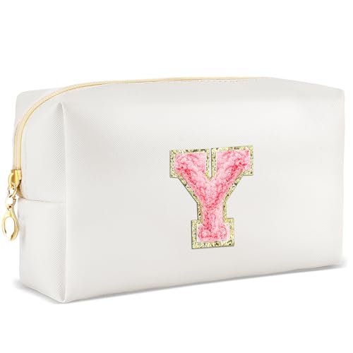 URSKYTOUS Bolsa de maquillaje con inicial personalizada, pequeña bolsa de cosméticos de viaje, bonita bolsa de maquillaje de felpilla blanca de poliuretano para bolso, organizador de artículos de