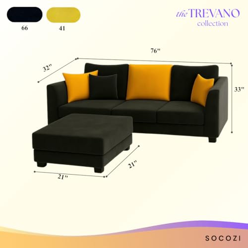 Image of SOCOZI Trevano 4 Seater L Shape Sofa Set with Movable Ottoman | Flexible Left or Right Layout | Soft Velvet Suede Fabric | Modern Design | Plush Comfort Cushions for Living Room (Black- Yellow)