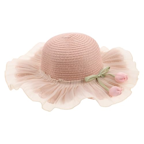Girl Summer Straw Sun Hat Adjustable Wide Brim Beach Cap for Sun Protection Breathable Bucket Hat for Outdoor Fun Pink
