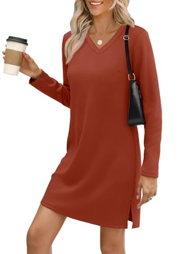 SAMPEEL Dresses for Women 2025 Casual Long Sleeve V Neck Tshirt Dress Side Split Fashion Fall Outfits