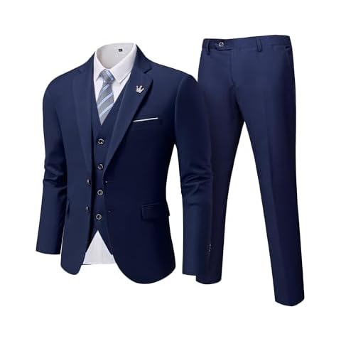 MrSure Men's 3 Pieces Suit, Solid Slim Fit Two Buttons Blazer Set, Jacket Vest Pants with Tie for Wedding Party Business Dark Blue Cover