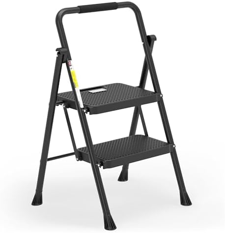 HBTower Step Ladder, Folding Step Stool with Wide Anti-Slip Pedal, Sturdy Steel Ladder, Convenient Handrail, Lightweight, Portable Steel Step Stool
