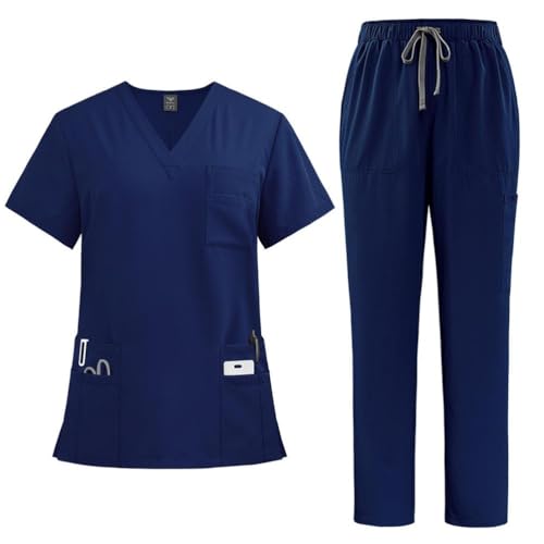 TUPOSTAR Ensemble De Tenue MéDicale, Haut à Poches Et Col en V avec Cordon De Serrage,UniformeD'InfirmièRe LéGer à Manches Courtes, pour InfirmièRes, EsthéTiciennes,02,S