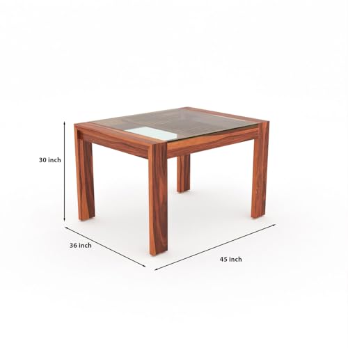 Image of Solid Sheesham Wood Dining Glass Top Table Set of 4| Wooden 4 Seater Dining Table with 4 Chairs with Cushion|Wood Dining Table & Chairs for Home, Restaurant, Dining Room |Honey Finish