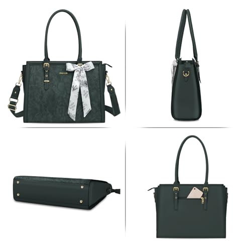 Image of MOSISO Laptop Bag for Women, PU Leather Tote Bag, Front Embossed Retro Hibiscus Computer Bags with Silk Scarf&Clutch Purse
