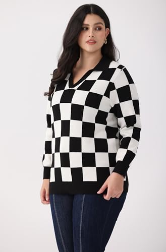Image of CARCOS Plus Size Sweaters for Women Long Sleeve Pullover Sweaters Lapel Collared Vneck Knit Jumper Tops Fall Winter XL-5XL
