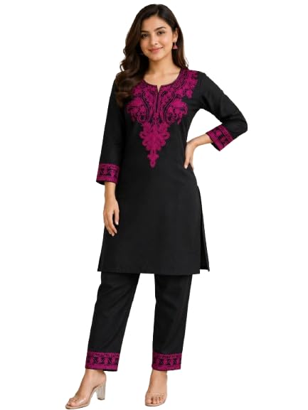 Women’s Black Viscose Embroidered Kurta Pant Set-image-43