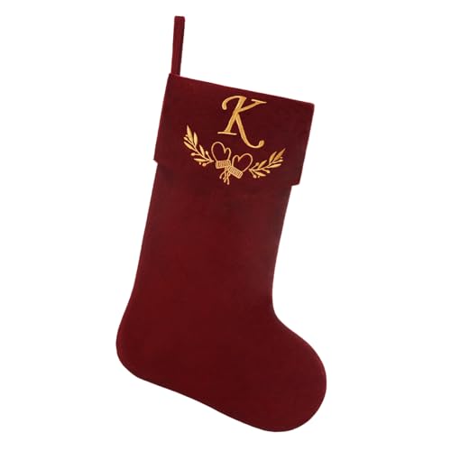 Shgngle Personalized Velvet Christmas Stockings,19.5 Inches Initial Monogram Christmas Stocking,Embroidered Letter Fireplace Hanging Stockings for Party Decoration and Xmas Gift-red K
