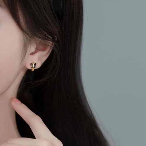 Reffeer Solid 925 Sterling Silver Bow Hoop Earrings Huggie for Women Teen Girls Black CZ Bowknot Hoop Earrings Ribbon Cartilage Huggie2