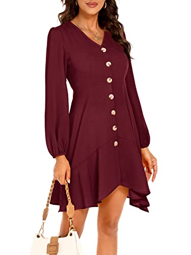 Beluring Langarm Kleider Damen Shift Kleid V Ausschnitt Lose Swing Tunika Maxikleid Weinrot XL Cover