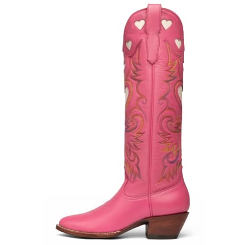 Cowboy Boots for Women Wide Calf Round Toe Chunky Stacked Heel Knee High Cowgirl Boot Heart Pattern Classic Embroidered Tall Western Booties Pull on4