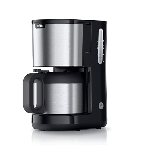 Braun PurShine KF1505 BK Filterkaffeemaschine, 1,2L Edelstahl-Thermokanne für bis zu 9 Tassen, OptiBrew-System, Tropf-Stopp-Funktion, schwenkbarer Filterkorb, Automatische Abschaltung, 1000W, Schwarz