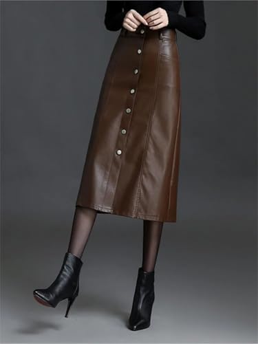 Rfmfkkg Women Pu Leather A-Line Skirt Elasitc Waist Button Decorative Elegant Office Lady Skirt Mid-Calf3
