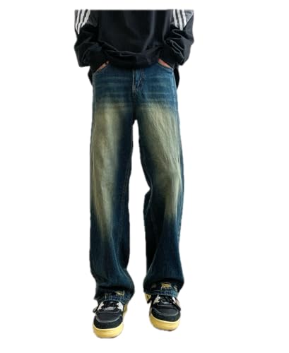 Jeans Pants Trousers Denim High Street Retro Blue Men's Loose Straight Leg Wide Daily Commuter Splicing Feel