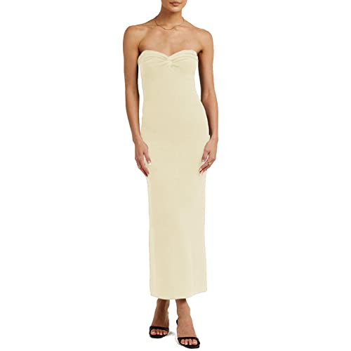 Women’s Midi Dress Sexy Sweetheart Neck Ribbed Knit Twisted Backless Sleeveless Summer Beach Party Date Midi Bodycon Dress (As1, Alpha, M, Regular, Regular, Beige, Medium) #TOP3