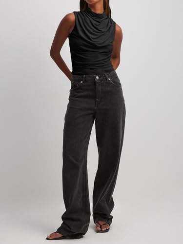 Tankaneo Womens Sleeveless Tank Tops Slim Fitted Mock Neck Draped Stretchy Summer Casual Ruched Tops4