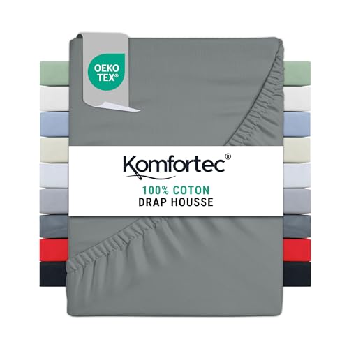 Komfortec Drap Housse Lit 90x200 cm - Jersey 100% Coton 135g/m² - Certifié Oeko-Tex - Bonnet 30 cm - Drap Lit avec Élastique pour Matelas Épais - Gris