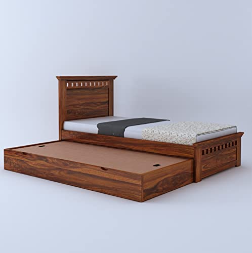 Image of Ganpati Arts Sheesham Wood Armania Single Size Trundle Bed with 1 Extra Pullout Bed for Bedroom Living Room Hostel Home (Natural Finish)