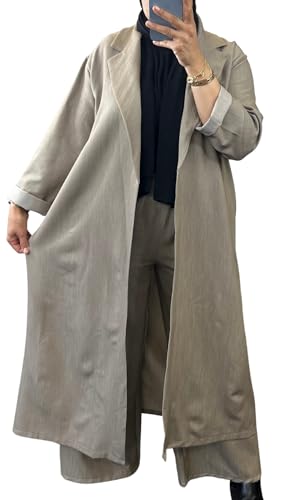 Ensemble trench long pantalon taupe pour une tenue élégante et rapide à enfiler